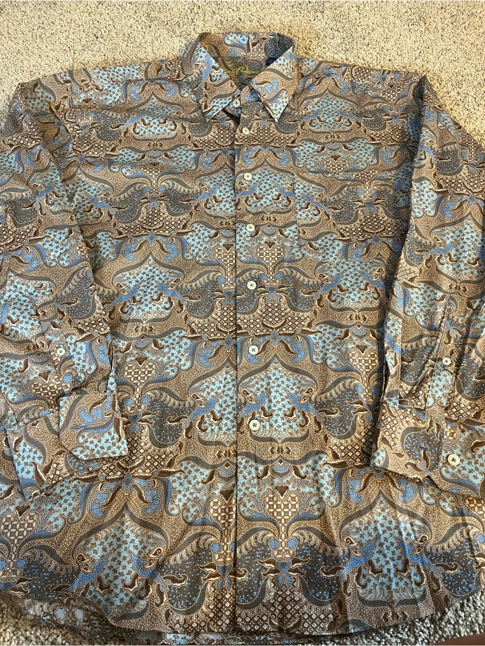 Alan Flusser Brown and Light Blue Paisley Button-Up Shirt
